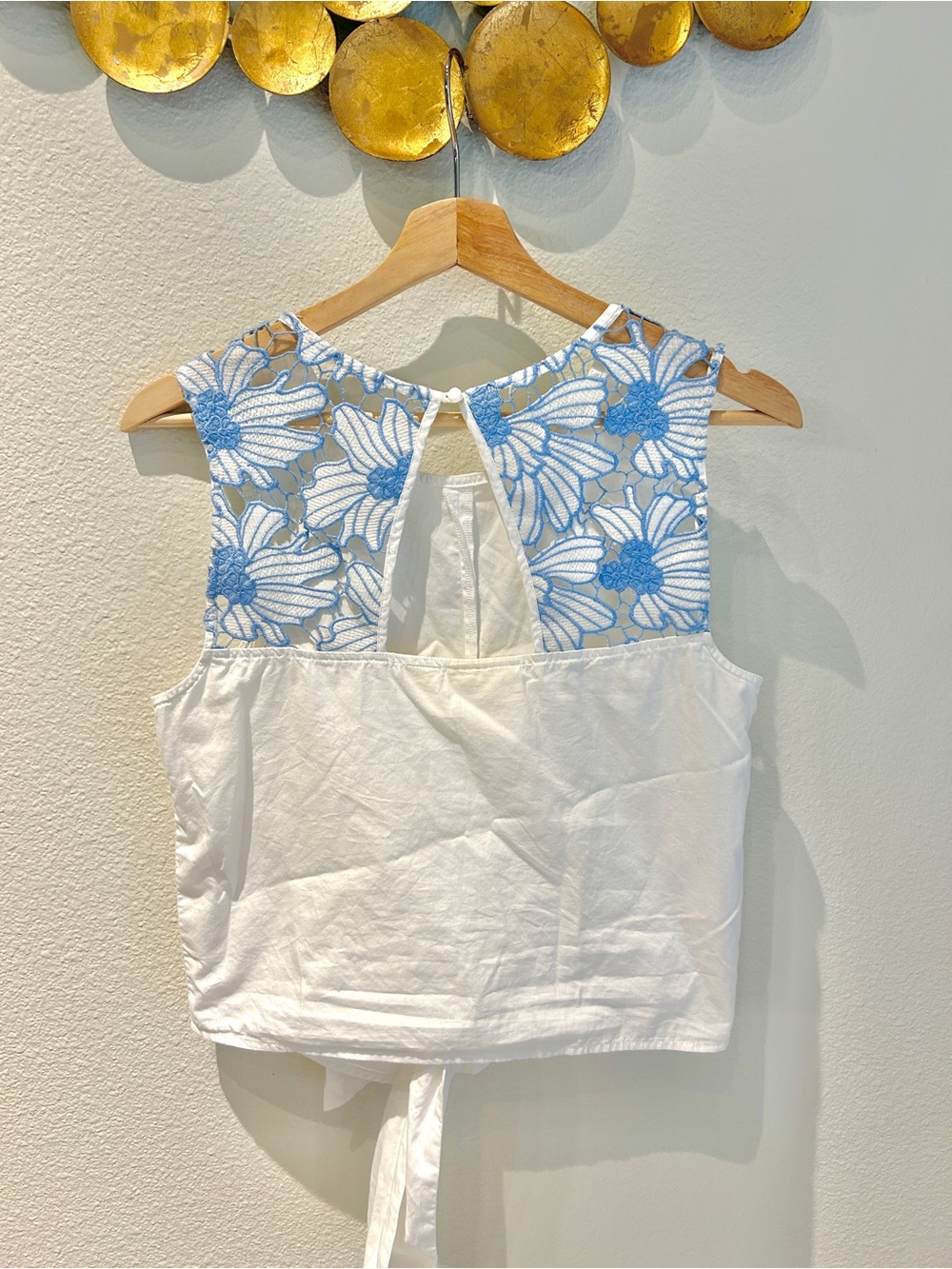 Anthropologie White Tank with Blue Floral Lace